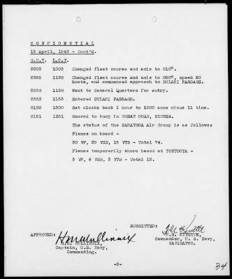 USS SARATOGA > War Diary, 4/1-30/43