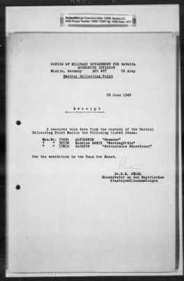 Thumbnail for Cultural Object Movement And Control Records > Custody Receipts On Restitution To Institutions In Munich: Museums And Art Collections: Bayerisches Staatsgemaeldes Ammlungen