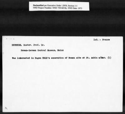 Thumbnail for Card File on Art-Looting Suspects > RECORDS OF THE AMERICAN COMMISSION FOR THE PROTECTION AND SALVAGE OF ARTISTIC AND HISTORIC MONUMENTS IN WAR AREAS (THE ROBERTS COMMISSION), 1943-1946