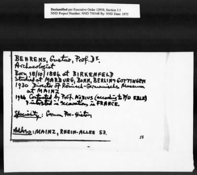 Thumbnail for Card File on Art-Looting Suspects > RECORDS OF THE AMERICAN COMMISSION FOR THE PROTECTION AND SALVAGE OF ARTISTIC AND HISTORIC MONUMENTS IN WAR AREAS (THE ROBERTS COMMISSION), 1943-1946