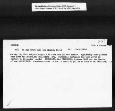 Thumbnail for Card File on Art-Looting Suspects > RECORDS OF THE AMERICAN COMMISSION FOR THE PROTECTION AND SALVAGE OF ARTISTIC AND HISTORIC MONUMENTS IN WAR AREAS (THE ROBERTS COMMISSION), 1943-1946