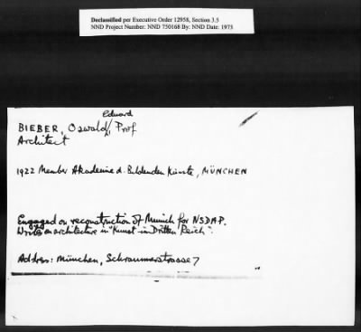 Thumbnail for Card File on Art-Looting Suspects > RECORDS OF THE AMERICAN COMMISSION FOR THE PROTECTION AND SALVAGE OF ARTISTIC AND HISTORIC MONUMENTS IN WAR AREAS (THE ROBERTS COMMISSION), 1943-1946