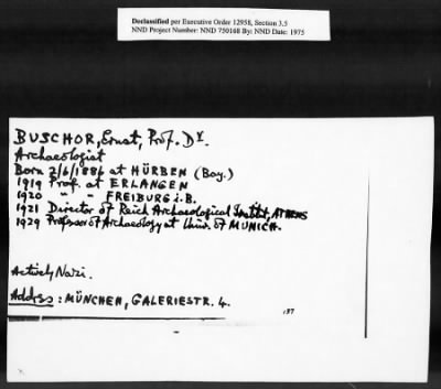 Thumbnail for Card File on Art-Looting Suspects > RECORDS OF THE AMERICAN COMMISSION FOR THE PROTECTION AND SALVAGE OF ARTISTIC AND HISTORIC MONUMENTS IN WAR AREAS (THE ROBERTS COMMISSION), 1943-1946