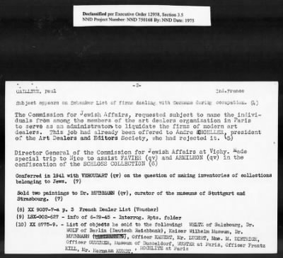 Thumbnail for Card File on Art-Looting Suspects > RECORDS OF THE AMERICAN COMMISSION FOR THE PROTECTION AND SALVAGE OF ARTISTIC AND HISTORIC MONUMENTS IN WAR AREAS (THE ROBERTS COMMISSION), 1943-1946