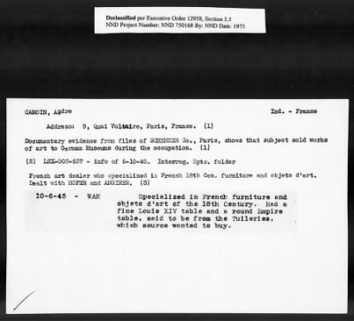 Thumbnail for Card File on Art-Looting Suspects > RECORDS OF THE AMERICAN COMMISSION FOR THE PROTECTION AND SALVAGE OF ARTISTIC AND HISTORIC MONUMENTS IN WAR AREAS (THE ROBERTS COMMISSION), 1943-1946