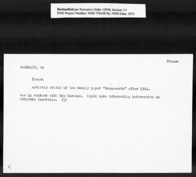 Thumbnail for Card File on Art-Looting Suspects > RECORDS OF THE AMERICAN COMMISSION FOR THE PROTECTION AND SALVAGE OF ARTISTIC AND HISTORIC MONUMENTS IN WAR AREAS (THE ROBERTS COMMISSION), 1943-1946