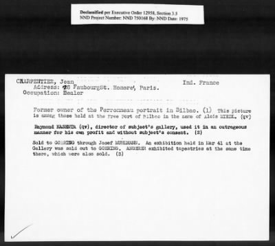 Thumbnail for Card File on Art-Looting Suspects > RECORDS OF THE AMERICAN COMMISSION FOR THE PROTECTION AND SALVAGE OF ARTISTIC AND HISTORIC MONUMENTS IN WAR AREAS (THE ROBERTS COMMISSION), 1943-1946