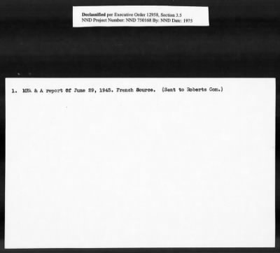 Thumbnail for Card File on Art-Looting Suspects > RECORDS OF THE AMERICAN COMMISSION FOR THE PROTECTION AND SALVAGE OF ARTISTIC AND HISTORIC MONUMENTS IN WAR AREAS (THE ROBERTS COMMISSION), 1943-1946