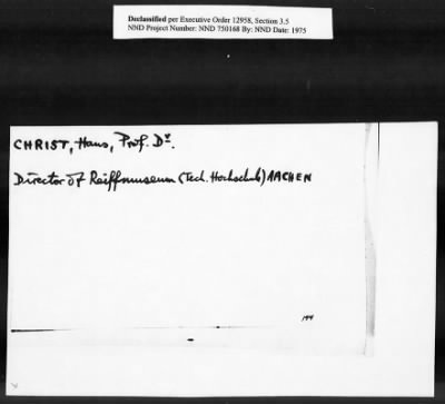 Thumbnail for Card File on Art-Looting Suspects > RECORDS OF THE AMERICAN COMMISSION FOR THE PROTECTION AND SALVAGE OF ARTISTIC AND HISTORIC MONUMENTS IN WAR AREAS (THE ROBERTS COMMISSION), 1943-1946