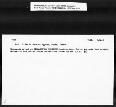 Thumbnail for Card File on Art-Looting Suspects > RECORDS OF THE AMERICAN COMMISSION FOR THE PROTECTION AND SALVAGE OF ARTISTIC AND HISTORIC MONUMENTS IN WAR AREAS (THE ROBERTS COMMISSION), 1943-1946