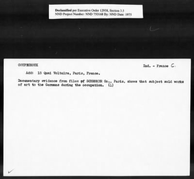 Thumbnail for Card File on Art-Looting Suspects > RECORDS OF THE AMERICAN COMMISSION FOR THE PROTECTION AND SALVAGE OF ARTISTIC AND HISTORIC MONUMENTS IN WAR AREAS (THE ROBERTS COMMISSION), 1943-1946