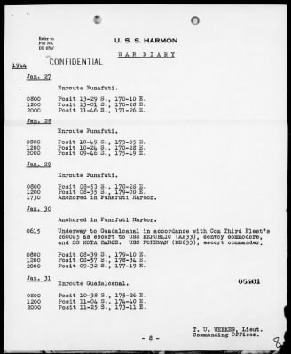 Thumbnail for USS HARMON > War Diary, 1/1-31/44