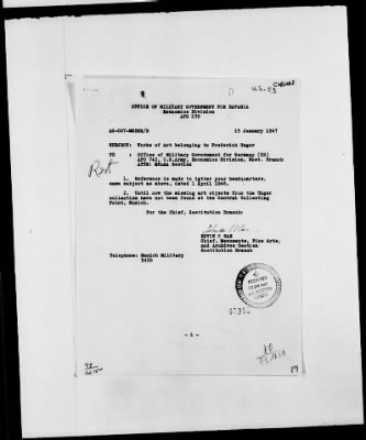 Thumbnail for Restitution Files of MFAA Section - Berlin, 1956 > Claims-Norway, Palestine, Poland, Rumania, Switzerland, USA