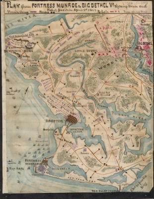 Peninsular Campaign > Plan from Fortress Monroe to Big Bethel Va. : showing Union and Rebel position April 1st 1862.