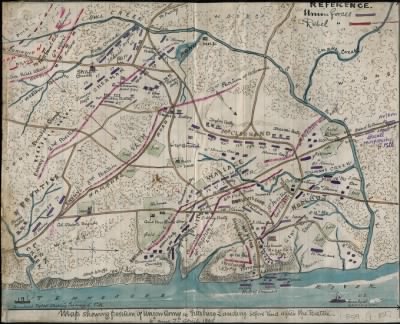 Thumbnail for Shiloh, Battle of > Map showing position of Union Army at Pittsburg Landing before and after the battle 6th and 7th April 1862.