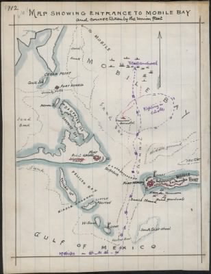 Mobile Bay, Battle of > Map showing entrance to Mobile Bay and course taken by Union fleet.