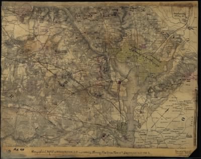 Thumbnail for Washington DC, fortifications > Topographical map of Washington, D.C., and vicinity. Showing the Union forts and defences built 1861-3. Issued by Topographical Bureau, War Department, Col. Woodruff.