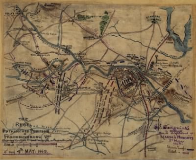 Thumbnail for Chancellorsville, Battle of > The Rebel entrenched position at Fredericksburg, Va. : showing Hooker's flank march on Chancellorsville 3rd and 4th May 1863.