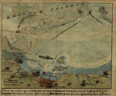 Cherbourg, France > Plan of the circle battle between the U.S. ship "Keasarge," Capt. Winslow, and the Confederate cruiser "Alabama," Capt. Raphael Semmes, off the harbor [of] Cherbourg, France : forenoon of Sunday June 19th 1864.