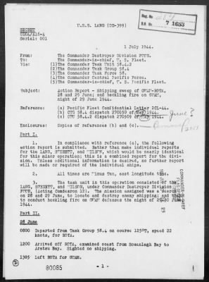 Thumbnail for USS LANG > Report of Anti-Shipping Sweep of Guam-Rota, 28 & 29 June 1944 and Heckling Fire on Guam Is, Marianas on night of 6/29/44