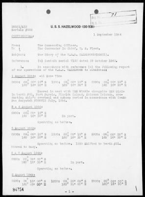 USS HAZELWOOD > War Diary, 8/1-31/44