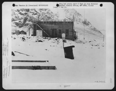 Thumbnail for General > Southwest End Of Ikateq Weather Station, Greenland, Showing Radiosonde Antenna, Anemometer, Instrument Sheltor, Rain Gauge, And Theodolite,