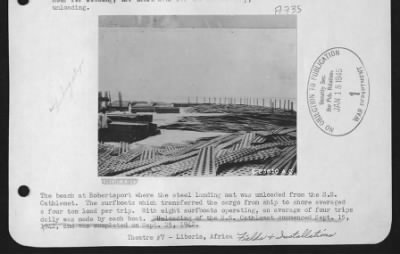 Thumbnail for General > The beach at Robertsport where the steel landing mat was unloded from the S.S. Cathlemet.  The surfboats which transferred the cargo from ship to shore averaged a four ton load per trip.  With 8 surfboats, 4 trips daily was made by each boat.