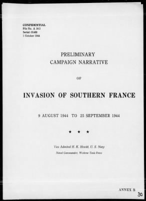 Thumbnail for NAV COM WESTERN TASK FORCE > Preliminary Rep of the Amphibious Invasion of Southern France, 8/9/44 - 9/25/44