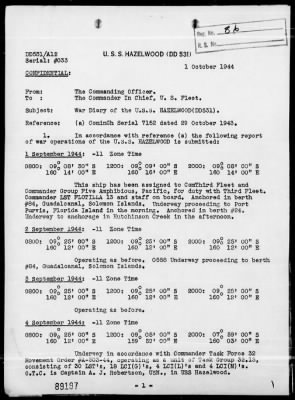 USS HAZELWOOD > War Diary, 9/1-30/44