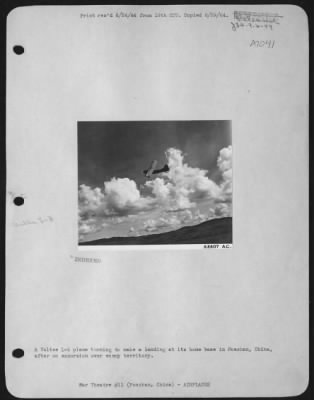 Vultee > A Vultee L-5 plane turning to make a landing at its home base in Poashan, China, after an excursion over enemy territory.