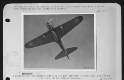 Thumbnail for General > A Japanese Zero was captured intact by the 14th Air force in China and is on its way to the U.S. for testing purposes.