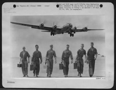 General > A Boeing B-29 soars again after she limped home, came in on her belly, two engines out, gaping flak holes in her undercarriage, and the landing gear gone. In the depot, engineering area, airplane mechanics and specialists worked around the clock