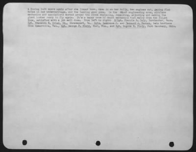 General > A Boeing B-29 soars again after she limped home, came in on her belly, two engines out, gaping flak holes in her undercarriage, and the landing gear gone. In the depot, engineering area, airplane mechanics and specialists worked around the clock