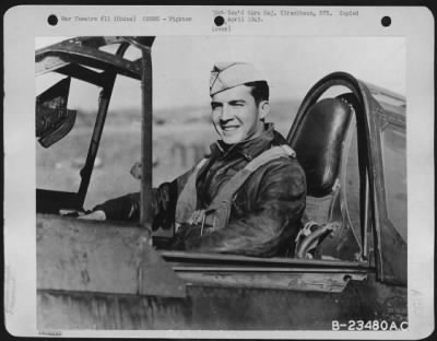 Thumbnail for Fighter > Lt. Lyon F. Jones, Mercedes, Texas, seated in the cockpit of his plane at an air base somewhere in China.