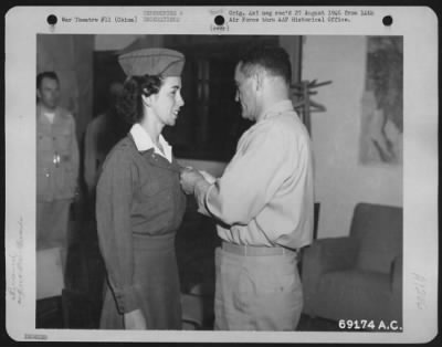 Thumbnail for Awards > 2Nd Lt. Addie Newland Of San Francisco, California, Received A Decoration From Major General Claire L. Chennault Of The 14Th Air Force Base In China.  7 June 1945.