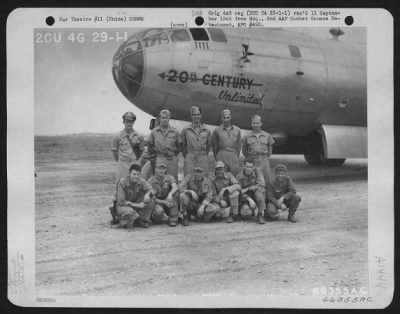 Thumbnail for General > Crew Of The Boeing B-29 '20Th Century Unlimited' At A-1, Advanced China Base Of The 40Th Bomb Group After Completion Of A Raid On Anshen, Manchuria.  Back Row, Left To Right: 2Nd Lt. William L. Gardner, Metora, Ind., Bombardier 1St Lt. James V. Decoster,