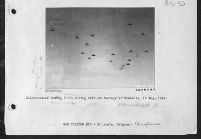 Thumbnail for Boeing > Silhouette of Boeing B-17s during raid on factory at Brussels, 15 Aug. 1943.