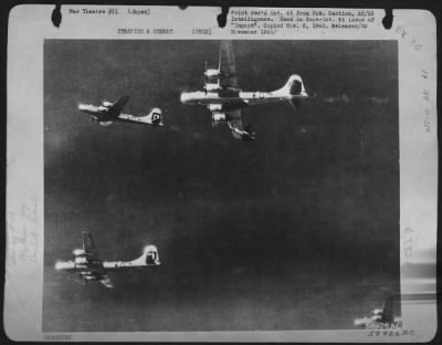 Thumbnail for General > A Japanese Fighter Attack On A Boeing B-29 Formation Over Japan.  Twin-Engined Japanese Fighter (Nick) Scuttles By A Superfort'S Wing (Top Center) During A Head-On Attack.