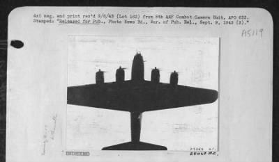 Thumbnail for Boeing > Silhouette of Boeing B-17s during raid on factory at Brussels, 15 Aug. 1943.