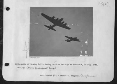 Thumbnail for Boeing > Silhouette of Boeing B-17s during raid on factory at Brussels, 15 Aug. 1943.