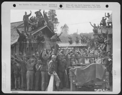 Thumbnail for General > Prisoners Of War Who Have Been Interned At The Hanowa Prisoner Of War Camp #6 At Honshu, Japan, Joyously Greet 1St Lt. Bresnick Of Boston, Massachusetts, The First American They Have Seen In Three Or Four Years.  14 September 1945.