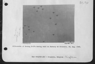 Boeing > Silhouette of Boeing B-17s during raid on factory at Brussels, 15 Aug. 1943.