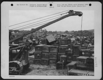 Thumbnail for Supplies > Supplies Of The 41St Bomb Group Are Stacked At A Temporary Dump In The Group'S Area Near Kadena Airstrip On Okinawa, Ryukyu Retto.  7 June 1945.