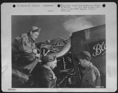 Thumbnail for Engines > Claiming speed record for P-47 engine change, these 9th AF mechanics in Belgium did job in 4 1/2 hours. L. to R. are M/Sgt. Ernest Worle, Lewiston, Idaho, Sgt. Bill Schiering, Mt. Healthy, Ohio, and S/Sgt. Rom Zimbleman, Philipsburg, Kansas.