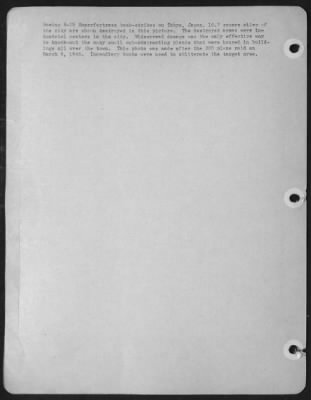 Tokyo > Boeing B-29 Superfortress bomb-strikes on Tokyo, Japan. 16.7 square miles of the city are shown destroyed in this picture. The destroyed areas were industrial centers in the city. Widespread damaged was the only effective way to knock-out