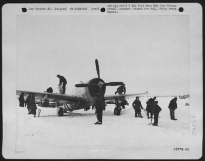 Thumbnail for General > Belgium civilians at a 9th AF fighter base are cleaning the snow from the runway while IX AF Service Command mechanics service a Republic P-47 Thunderbolt before its take off against the enemy. This fighter-bomber is being used to bomb and strafe