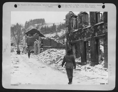 Thumbnail for General > Houffalize, Belgium, as it appeared after 9th Air force bombardment and ground artillery shelling had forced the Germans to evacuate their important forward base in the Ardennes. Residents of the town said that Thunderbolt and Lightning