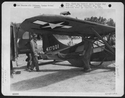 Thumbnail for Evacuation > Litter Patient From Vultee L-5 'Sentinel' Of The 163Rd Liaison Squadron, 10Th Army, Awaiting Ambulance.  Okinawa, Ryukyu Retto.