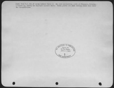 Brussels > Bombs from U.S. 8th AF heavy bombers burst on the rail marshalling yards at Brussels, Belgium, 3 August 44, during the daylight assault there. Choke points and much rolling stock were under the concentration.
