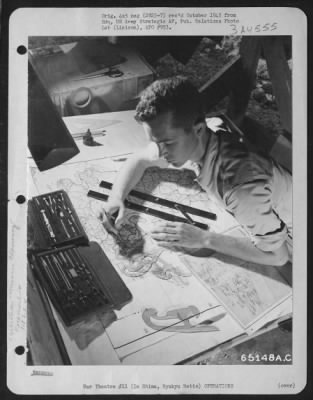 Thumbnail for General > Intelligence Artists And Draftsmen Spot Target And Check Points On Map.  They Indicate Course And Locate Air-Sea Rescue Stations And Add All Available Information Which May Be Assistance To The Pilot On The Mission.  Here, S/Sgt. John H. Flannagan Of 1025